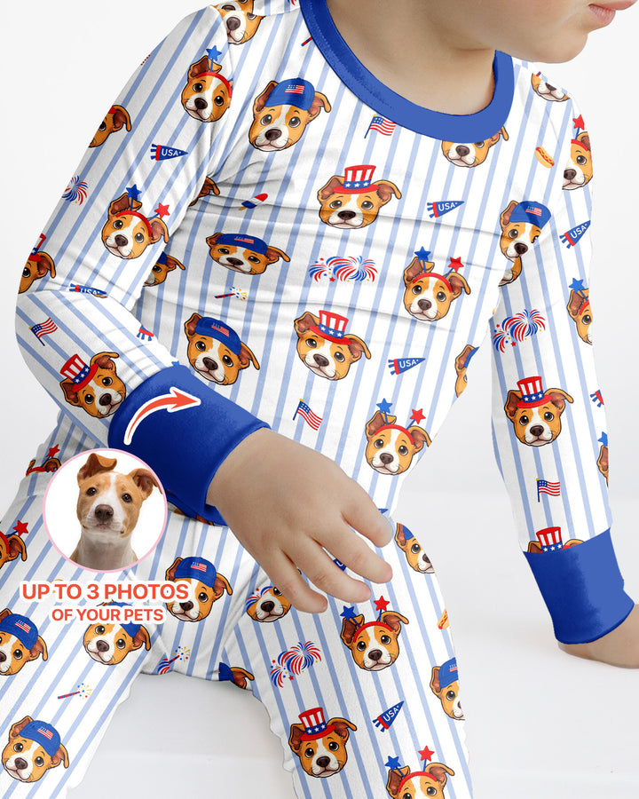 Custom Pet Image 4th of July Family Matching Bamboo Two Piece Long Sleeve Pajama Set
