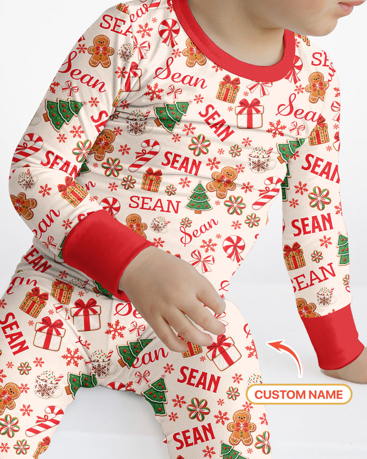 Merry Christmas Custom Name Bamboo Two Piece Long Sleeve Pajama Set