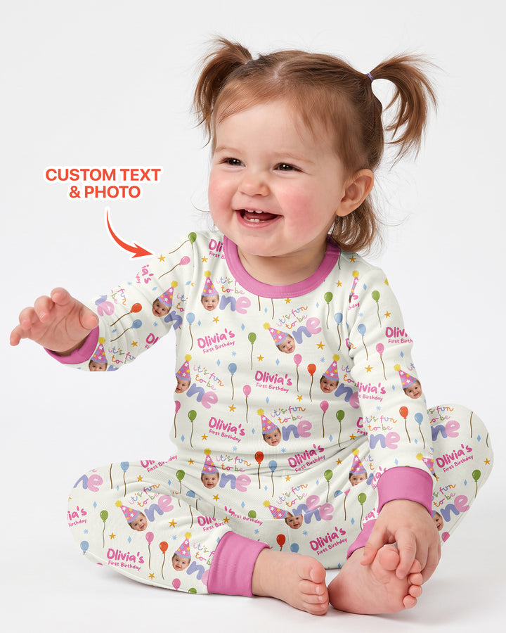 Custom Photo First Birthday Fun Bamboo Two Piece Long Sleeve Pajama Set