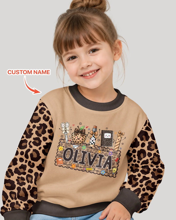 Custom Name School Sweetheart Leopard Bamboo Crewneck Sweatshirt