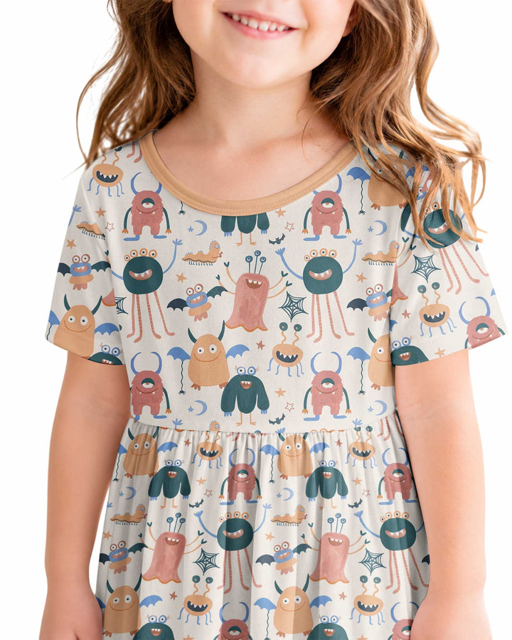 Monsters Fun Pastels Hand Painted Cute Bamboo Twirl Dress