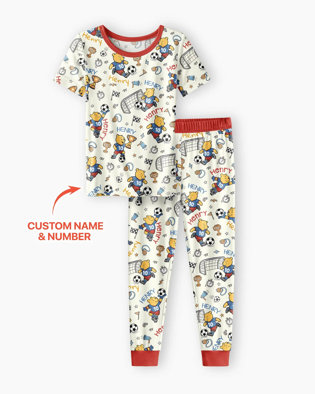 Personalized Classic Bear World Soccer Bamboo Two Piece Short Sleeve Pajama Set