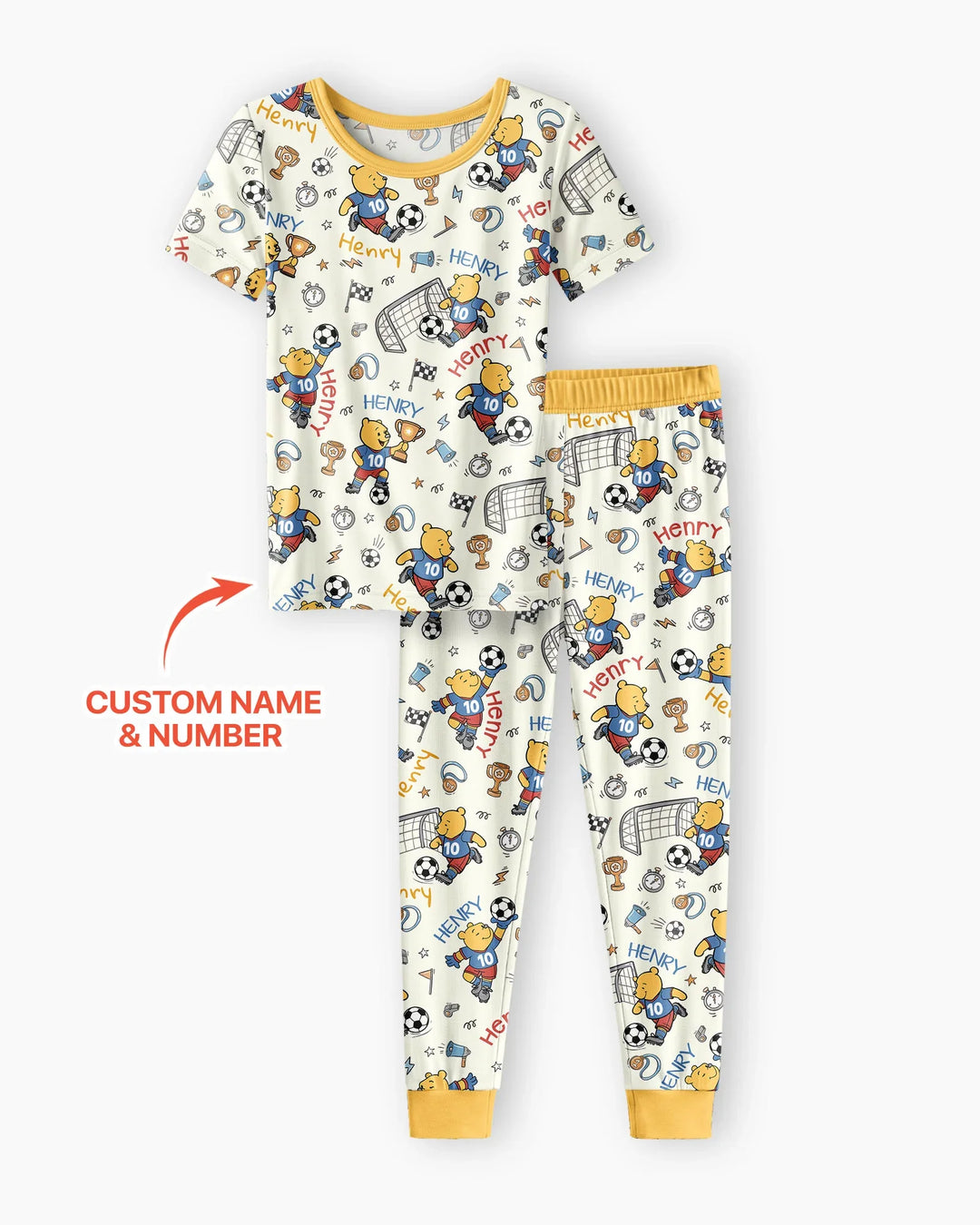 Personalized Classic Bear World Soccer Bamboo Two Piece Short Sleeve Pajama Set