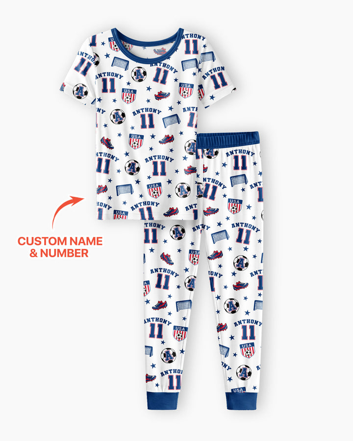 Custom Name Soccer Time Bamboo Two Piece Short Sleeve Pajama Set