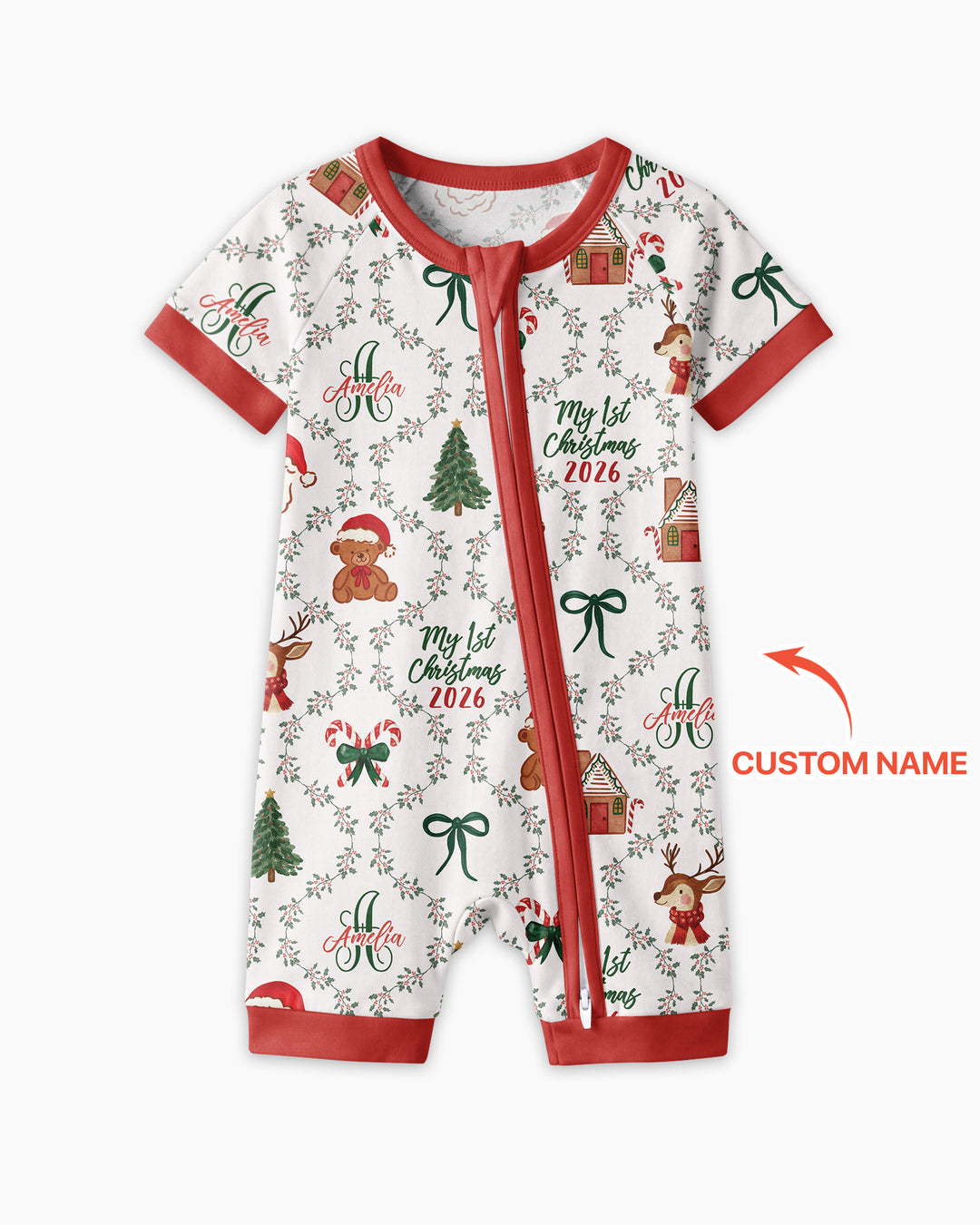Custom name "Fancy Monogram Red Christmas 2026" Bamboo Shorty Zippy