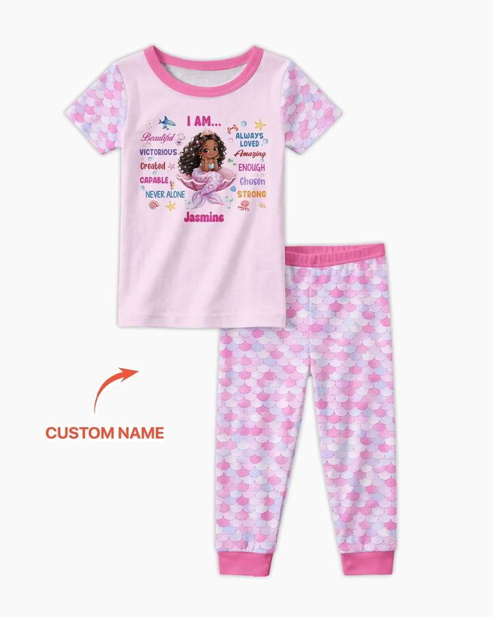 Custom Name Black Mermaid I Am Beautiful Bamboo Two Piece Short Sleeve Pajama Set