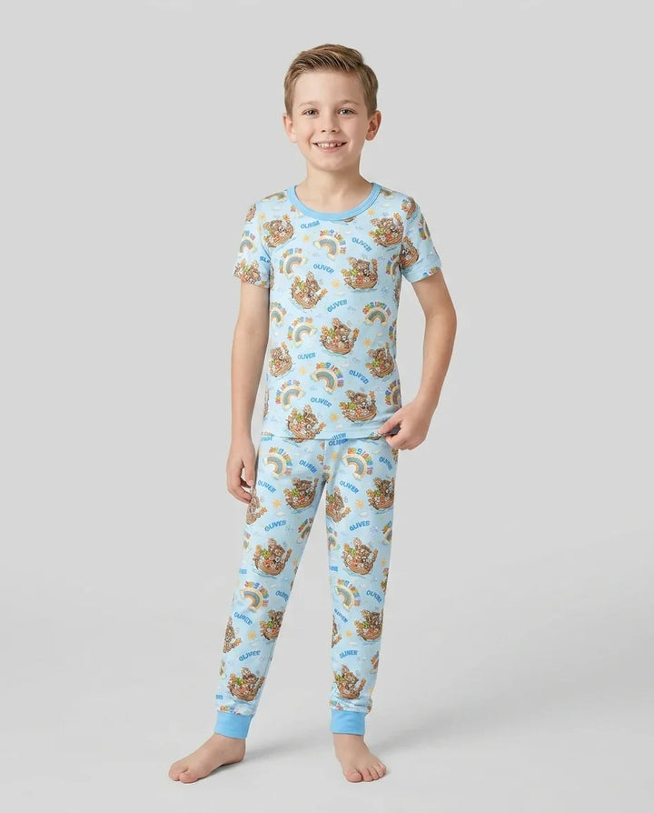 Custom Name Jesus Loves Me Noah's Ark Bamboo Two Piece Short Sleeve Pajama Set