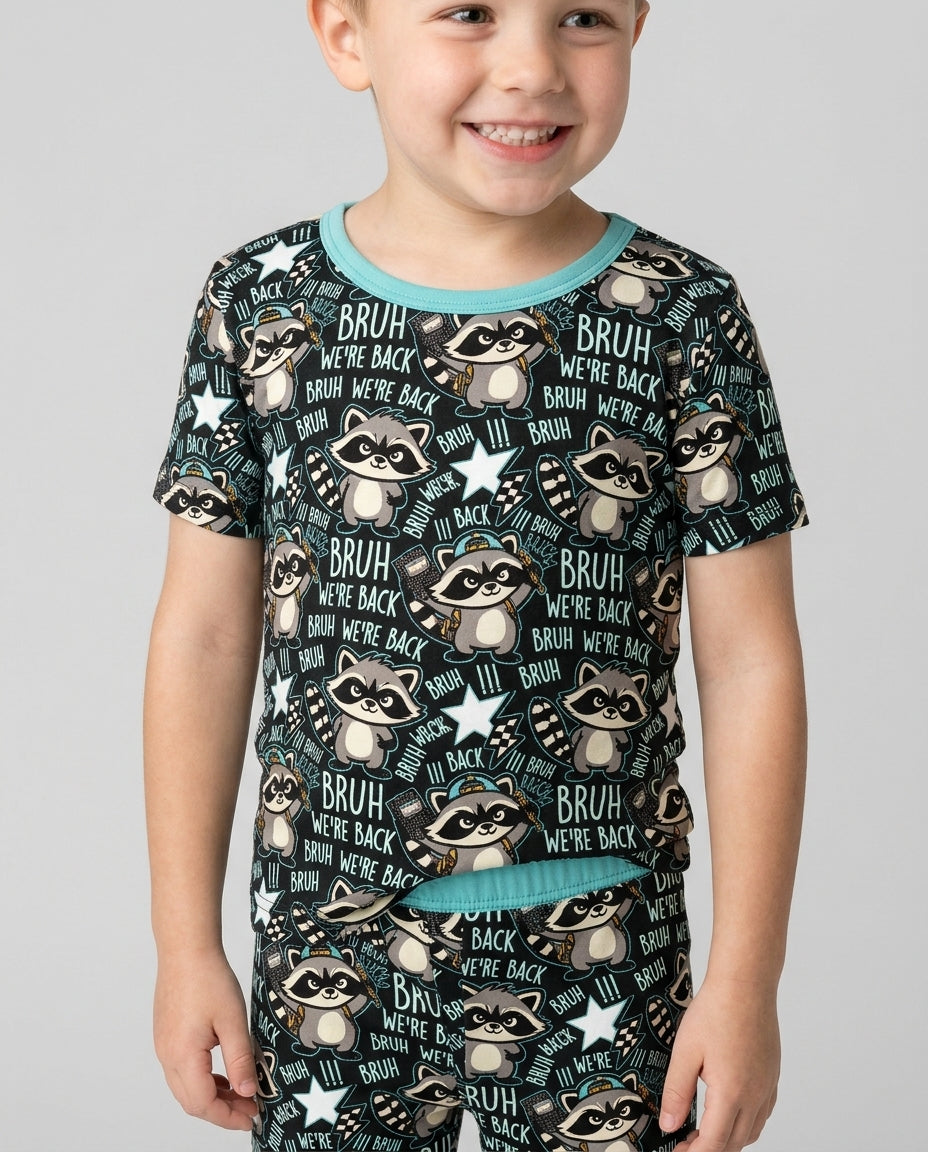 Bruh We're Back Raccoon Bamboo Two Piece Short Sleeve Pajama Set