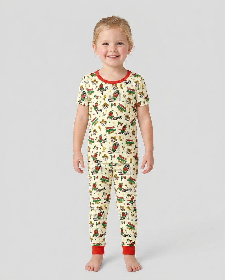 Cartoon World Soccer Vamos Mexico Family Matching Bamboo Two Piece Short Sleeve Pajama Set