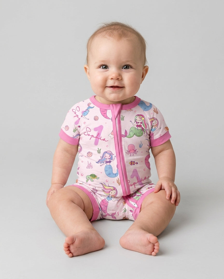 Custom Name Birthday Mermaid Bamboo Shorty Zippy