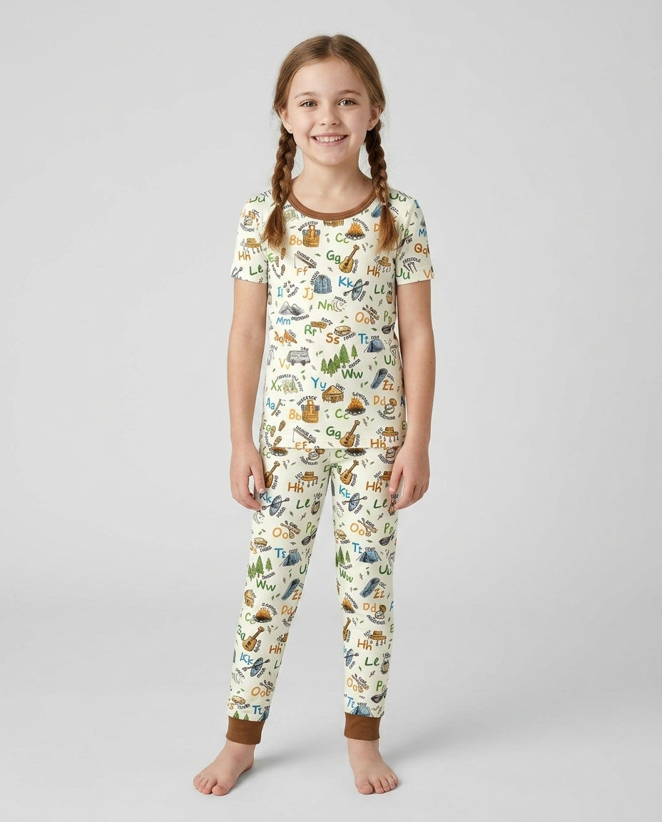 Adventure Alphabet ABCs Summer Camp Bamboo Two Piece Short Sleeve Pajama Set