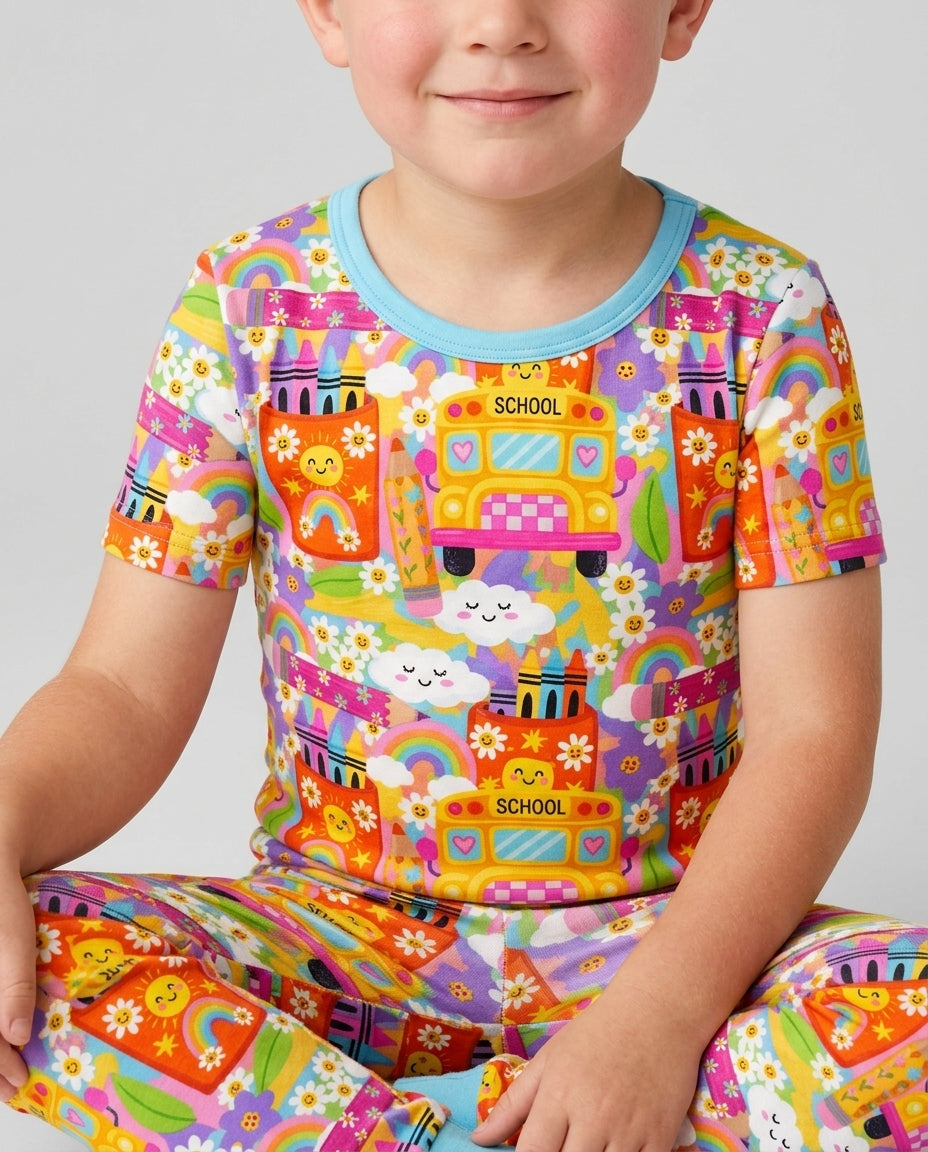 Retro Happy Classroom Bamboo Two Piece Short Sleeve Pajama Set