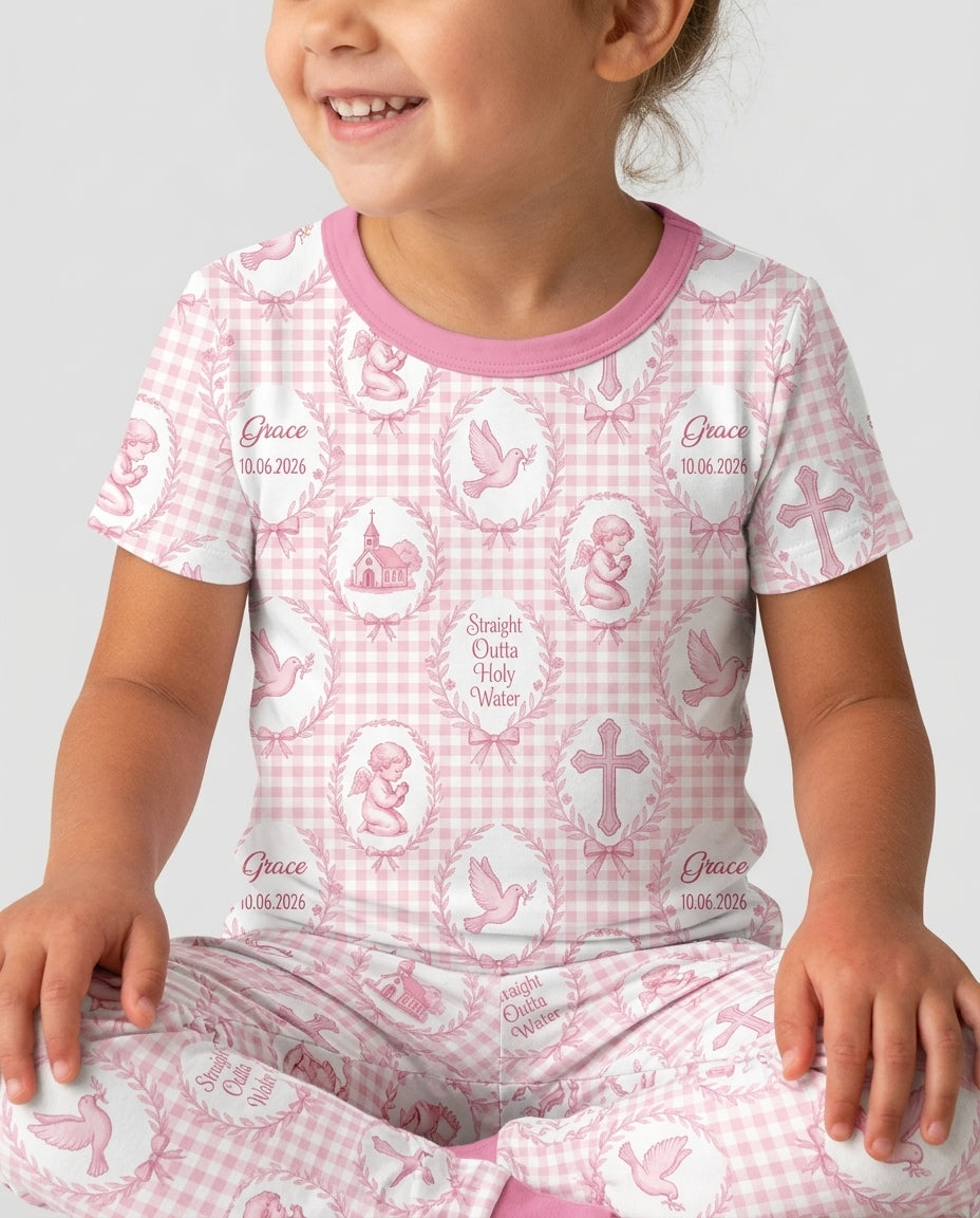 Custom Name Baptism Straight Outta Holy Water Bamboo Two Piece Short Sleeve Pajama Set