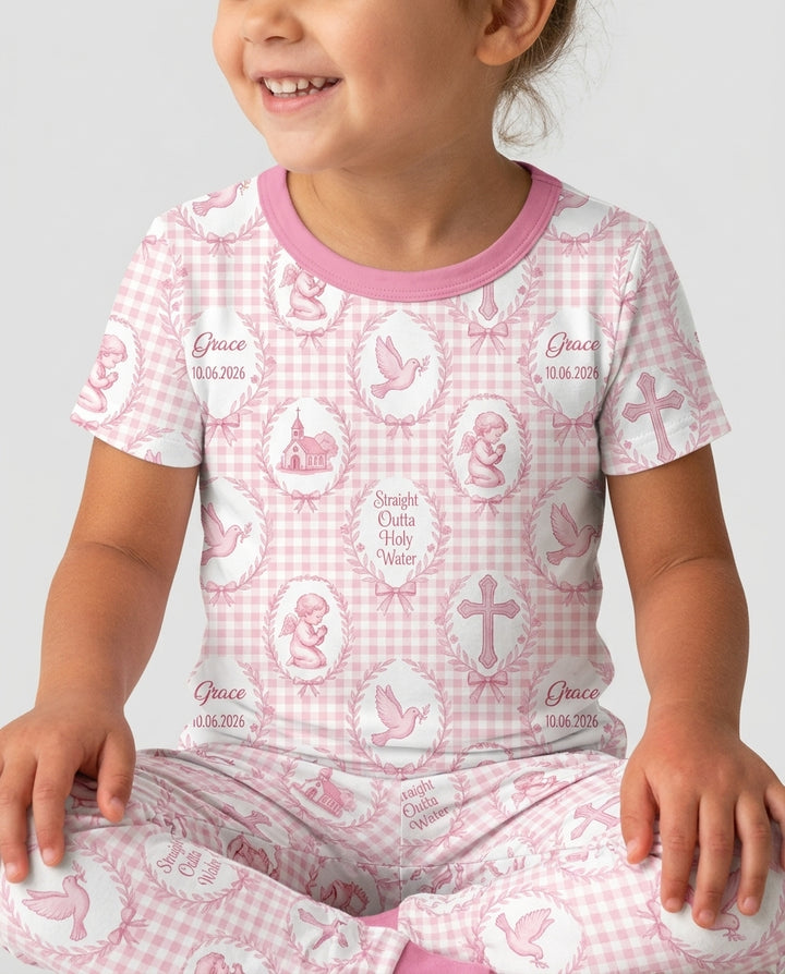 Custom Name Baptism Straight Outta Holy Water Bamboo Two Piece Short Sleeve Pajama Set