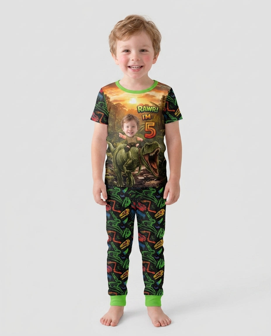 Custom Photo Dino Rawr Birthday Bamboo Two Piece Short Sleeve Pajama Set