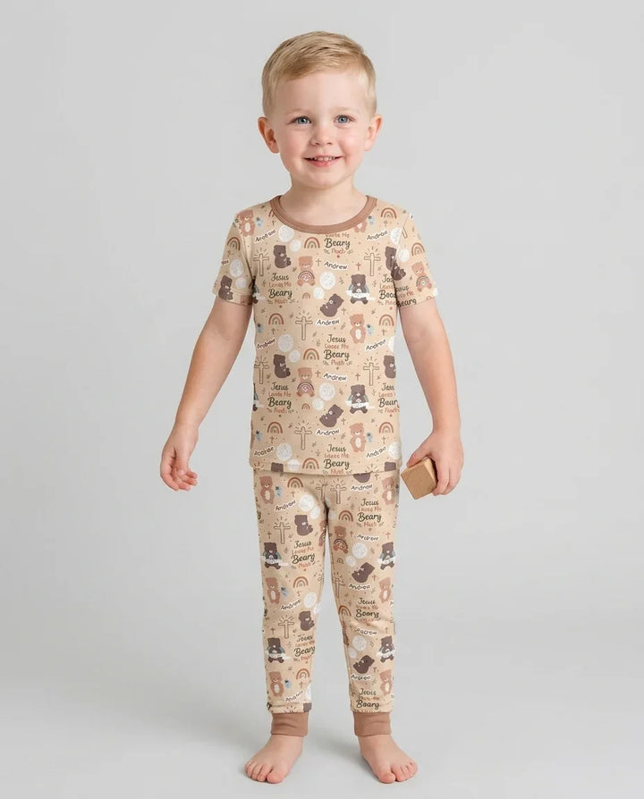 Custom Name Jesus Loves Me Beary Much Bamboo Two Piece Short Sleeve Pajama Set
