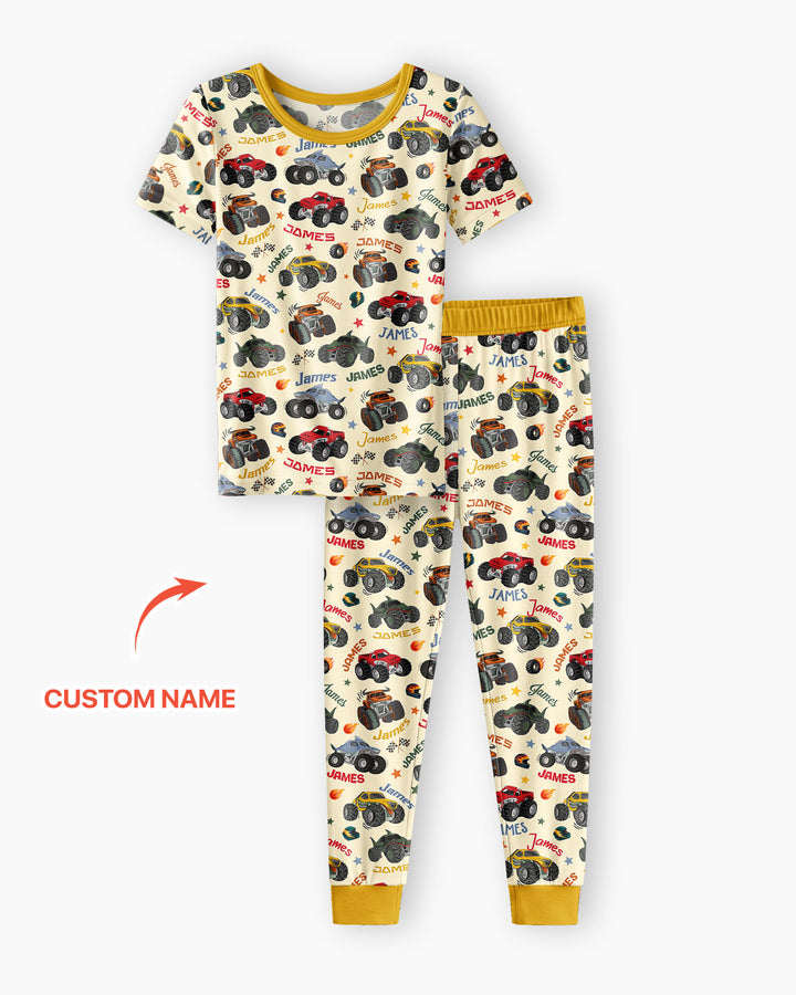 Personalized Monster Truck Bamboo Two Piece Short Sleeve Pajama Set