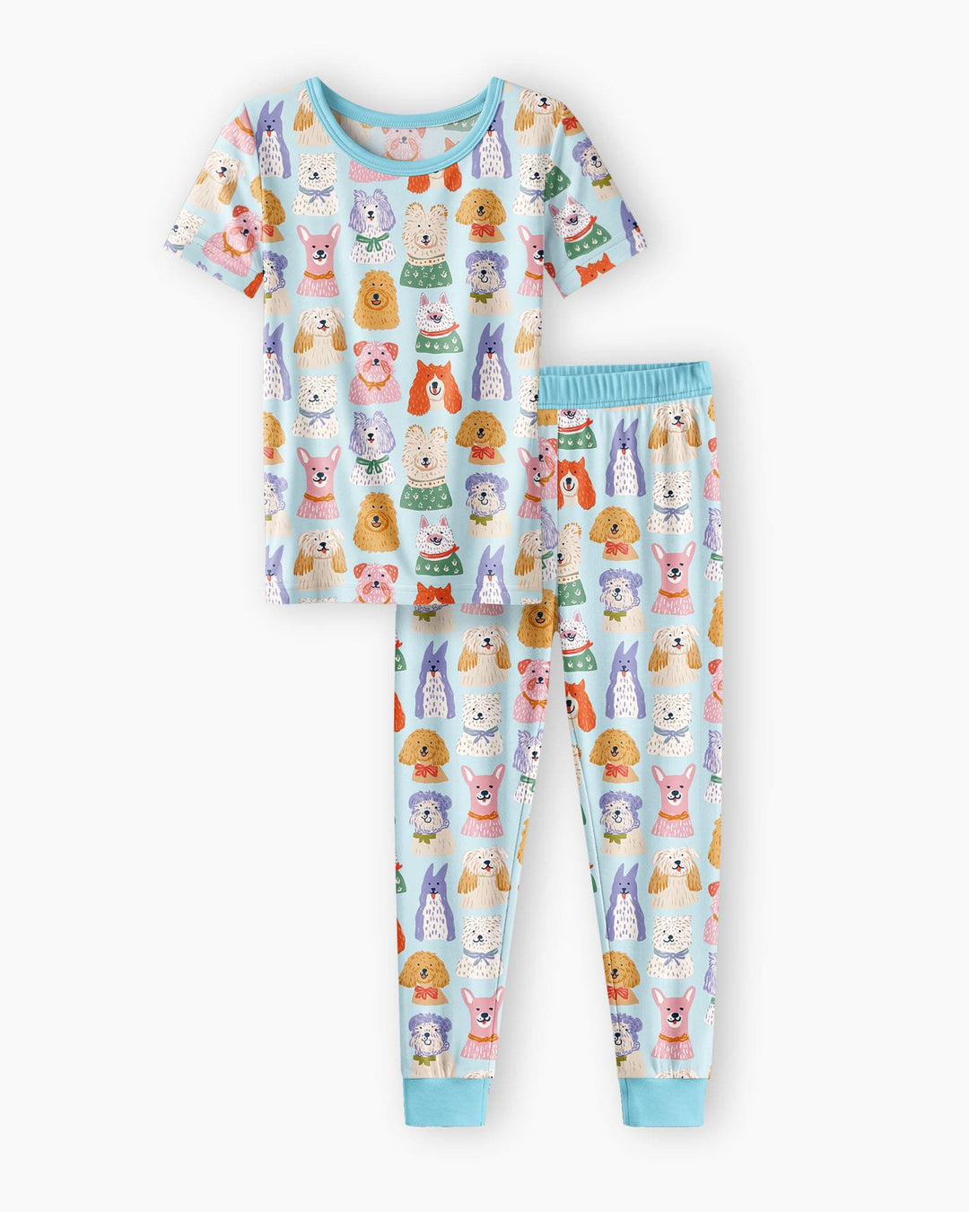 Whimsical Puppy Parade Family Matching Bamboo Two Piece Short Sleeve Pajama Set