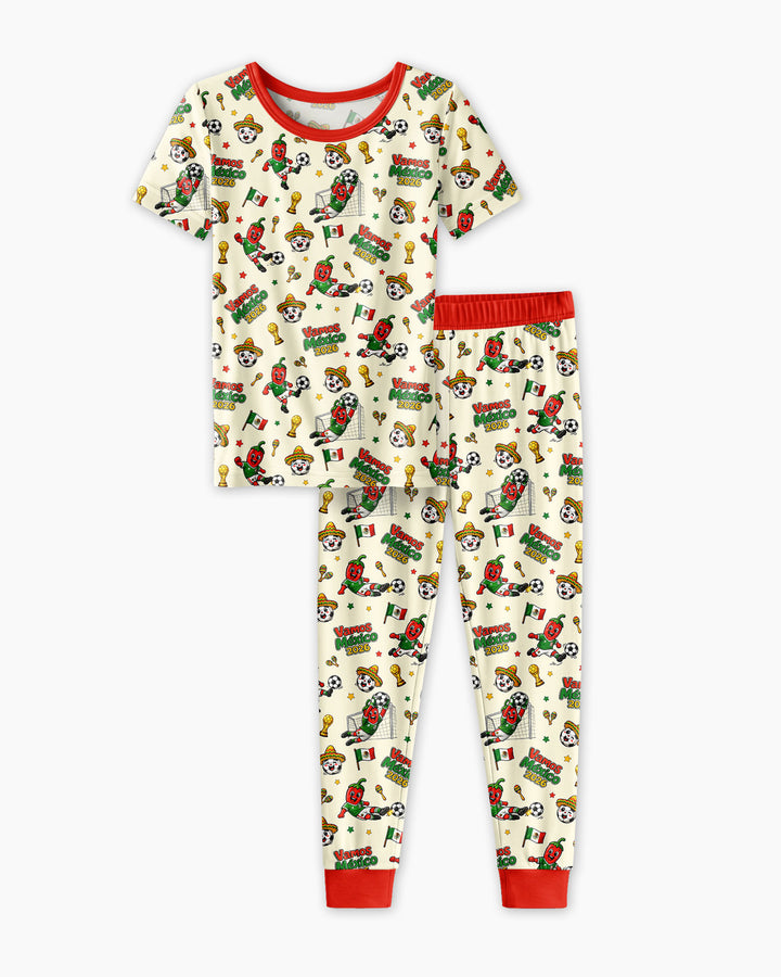 Cartoon World Soccer Vamos Mexico Family Matching Bamboo Two Piece Short Sleeve Pajama Set