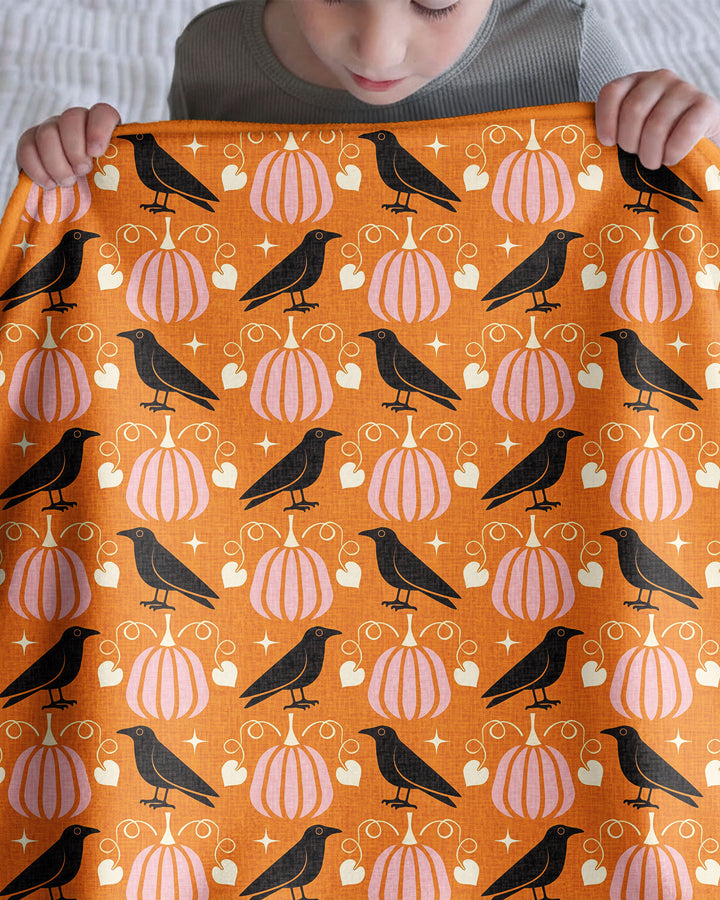 Ravens in a Pumpkin Patch - Orange Pink Bamboo Blanket