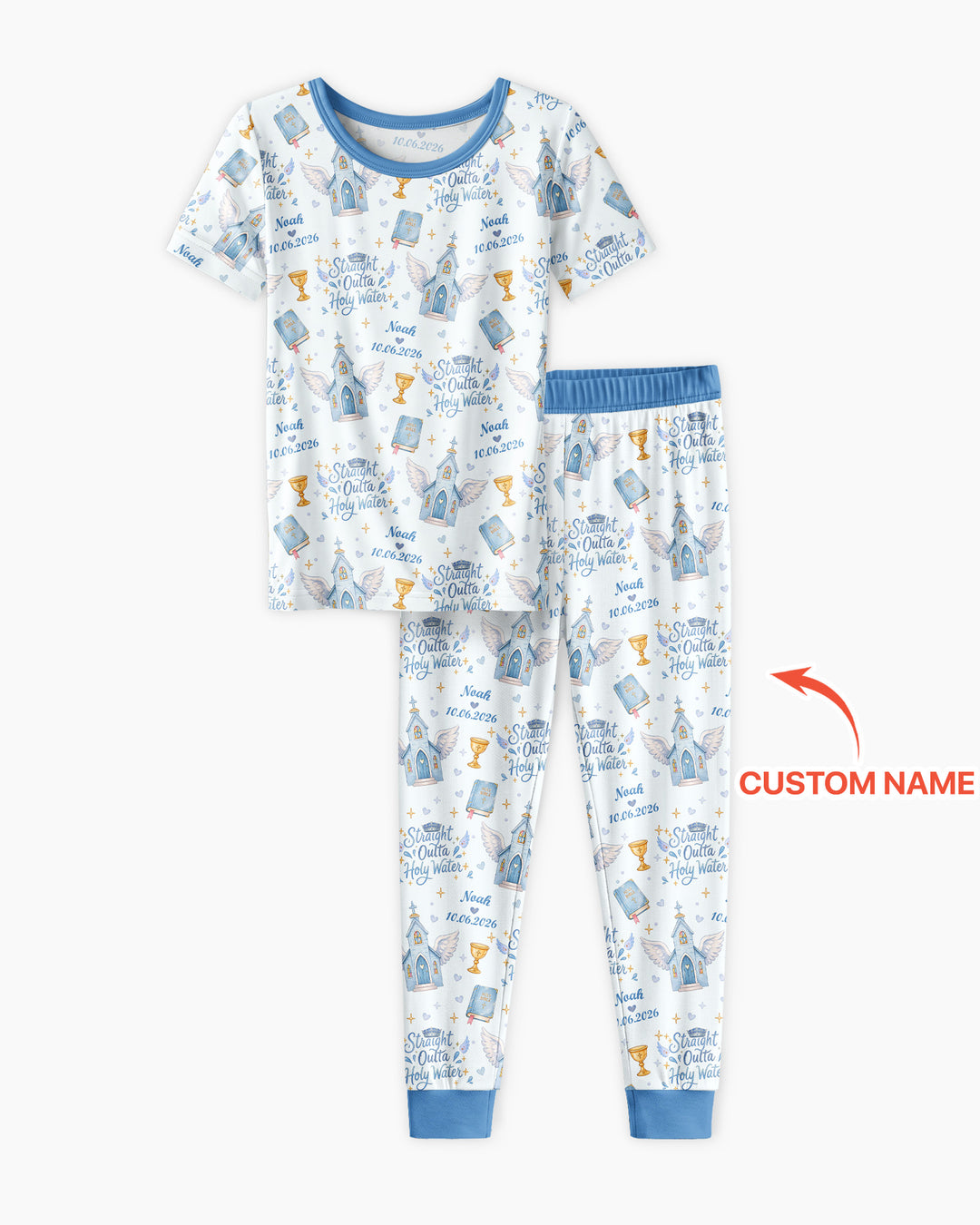 Custom Name Baptism Christening Straight Outta Holy Water Bamboo Two Piece Short Sleeve Pajama Set