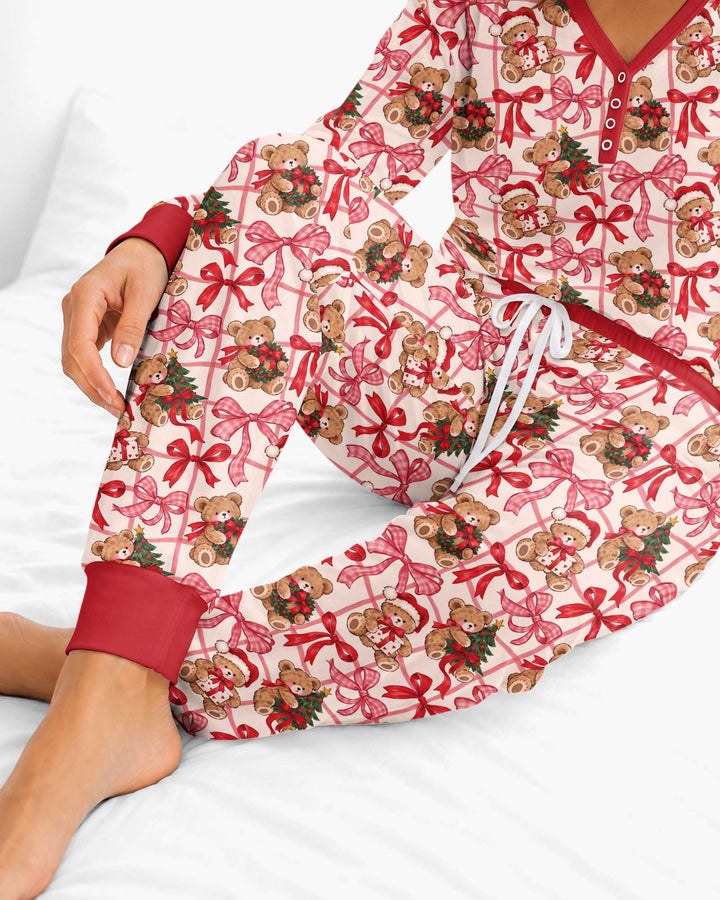 Pink Christmas Teddy Bear Plaid Mommy & Me Matching Bamboo Women Pajama Set