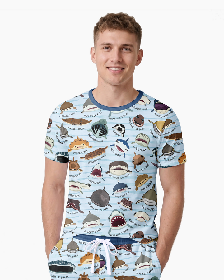 Shark Faces Bamboo Men Short Sleeve Short Pajama Set