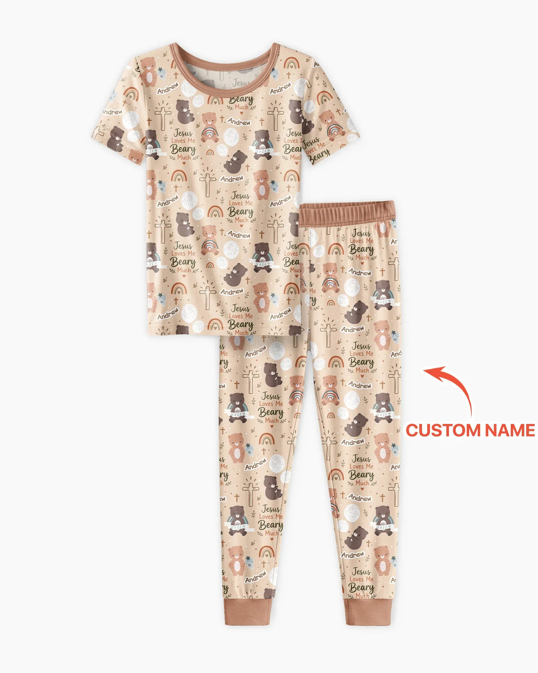 Custom Name Jesus Loves Me Beary Much Bamboo Two Piece Short Sleeve Pajama Set