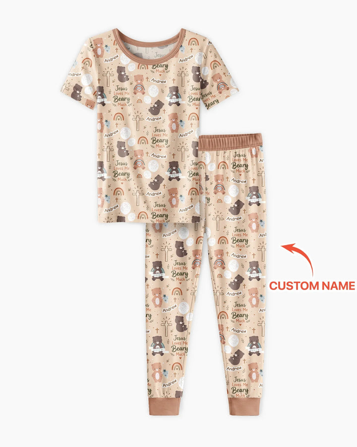 Custom Name Jesus Loves Me Beary Much Bamboo Two Piece Short Sleeve Pajama Set