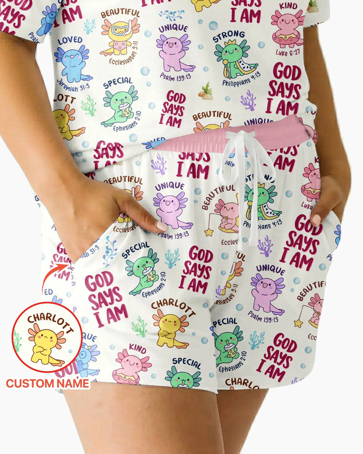 Axolotl God Says I Am Custom Name Bamboo Women Short Sleeve Short Pajama Set