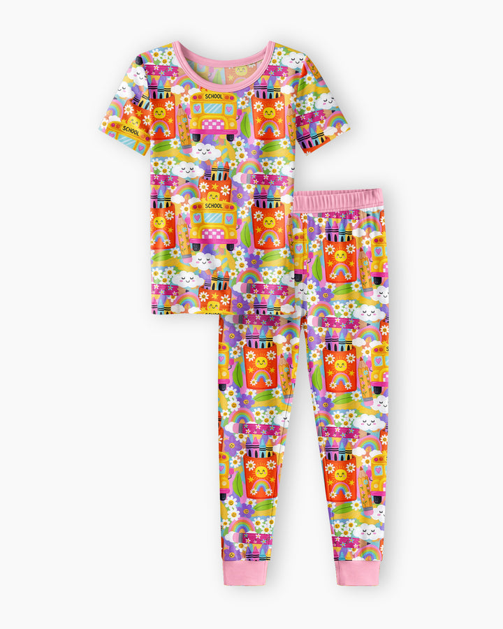 Retro Happy Classroom Bamboo Two Piece Short Sleeve Pajama Set