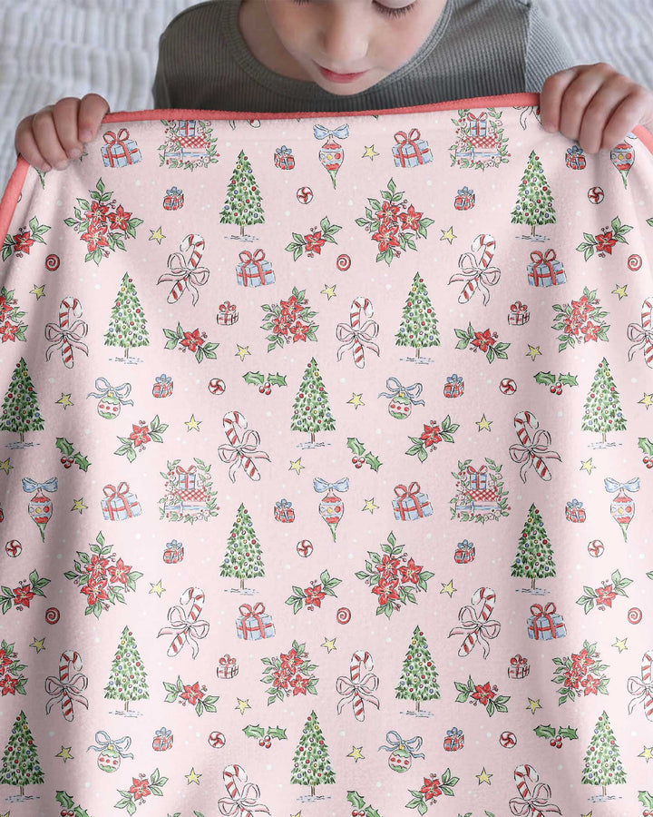 Watercolor Pink Christmas Holidays Christmas Tree Gifts Candy Cane Bamboo Blanket