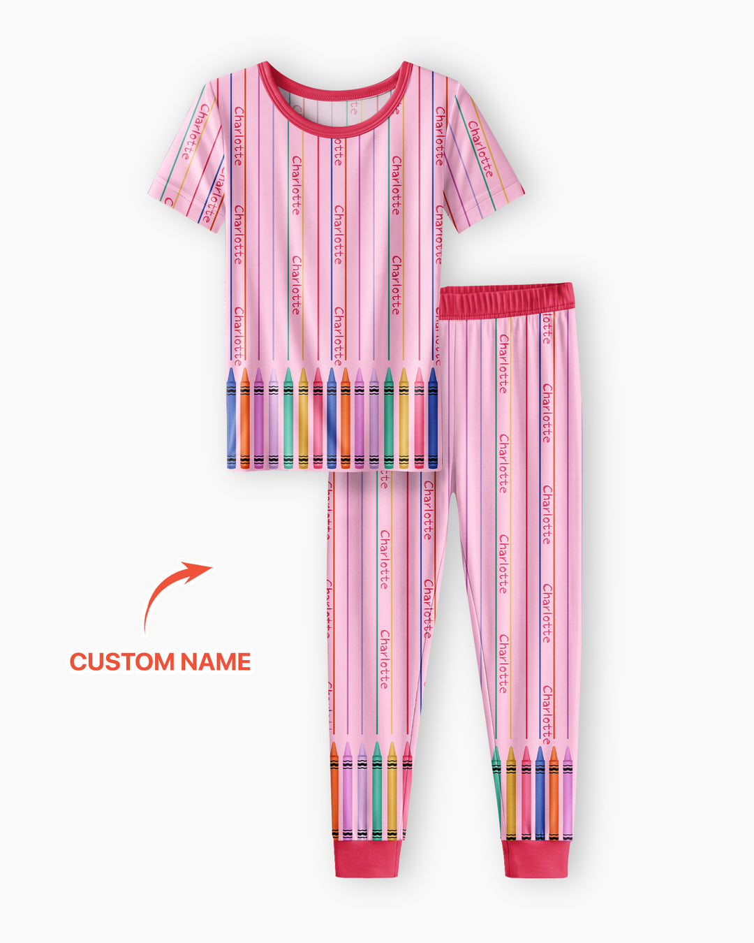 Custom Name Crayon Lines Bamboo Two Piece Short Sleeve Pajama Set