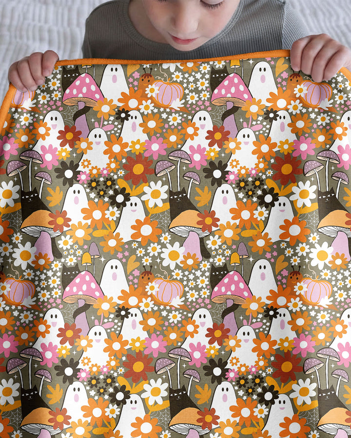 Retro Ghost Mushroom Floral Halloween Bamboo Blanket