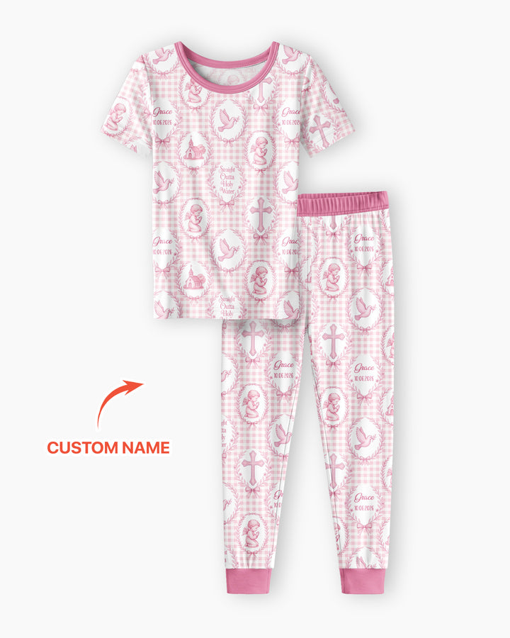 Custom Name Baptism Straight Outta Holy Water Bamboo Two Piece Short Sleeve Pajama Set