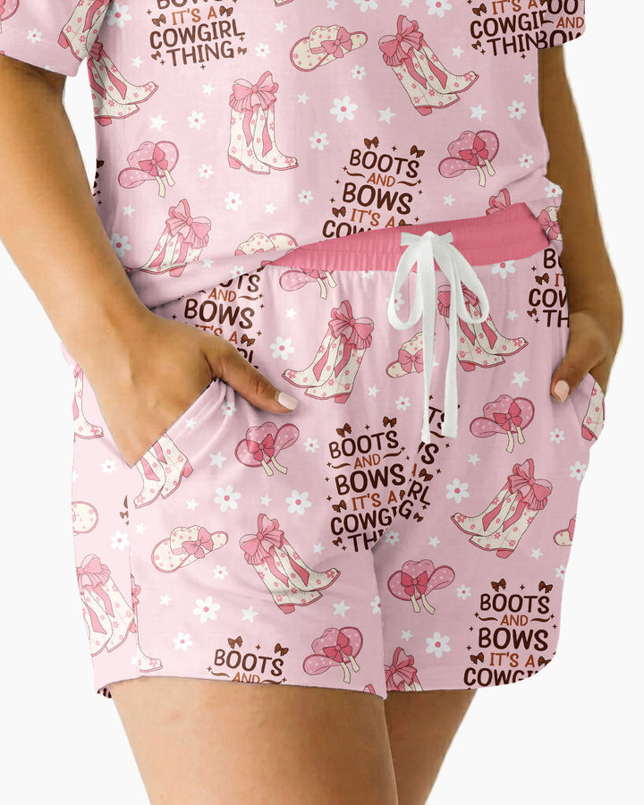 Western Cowgirl Boots And Bows Bamboo Women Short Sleeve Short Pajama Set