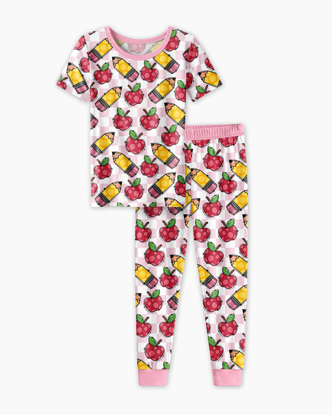 Checkered Apple Scribbles Bamboo Two Piece Short Sleeve Pajama Set