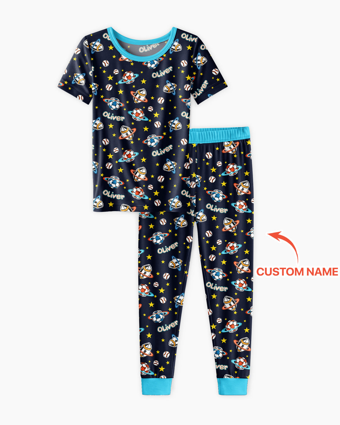 Custom Name Space Sport Bamboo Two Piece Short Sleeve Pajama Set