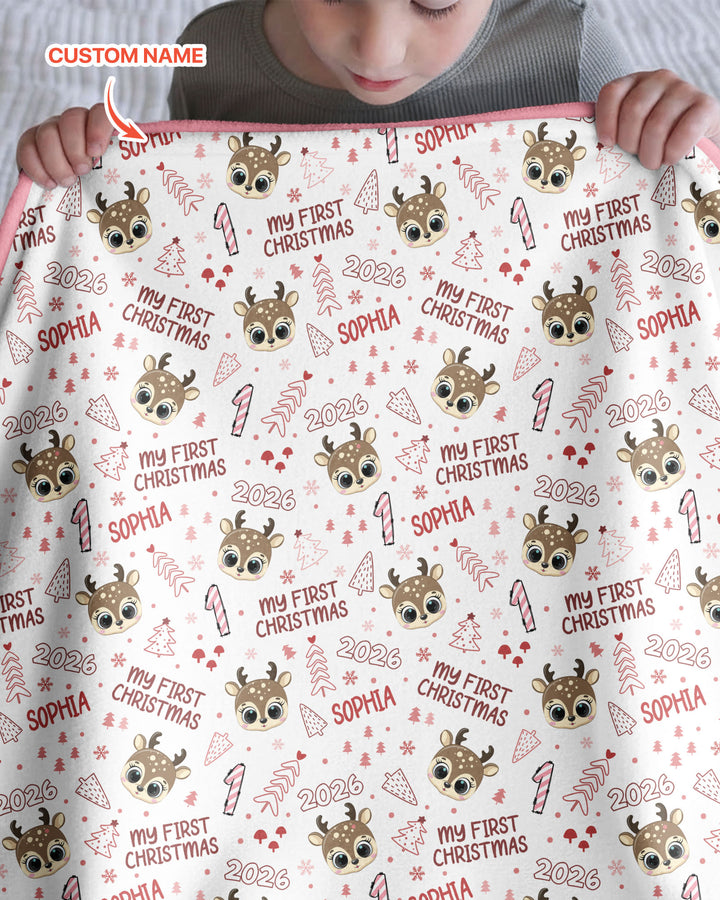 Custom Name Cute Reindeer My First Christmas Bamboo Blanket
