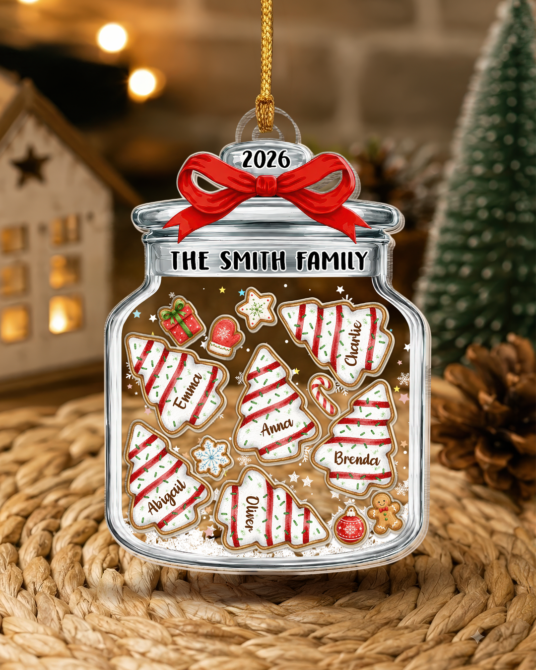 Family Christmas Tree Cake Jar Shaker Ornament