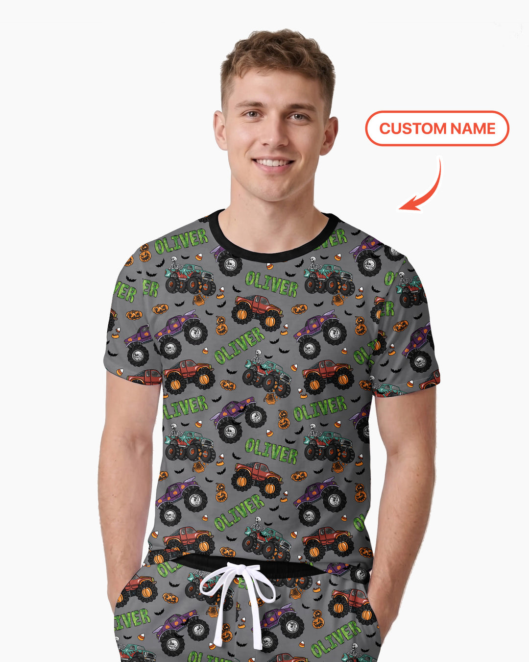 Custom Name Haunted Monster Trucks  Bamboo Men Short Sleeve Short Pajama Set
