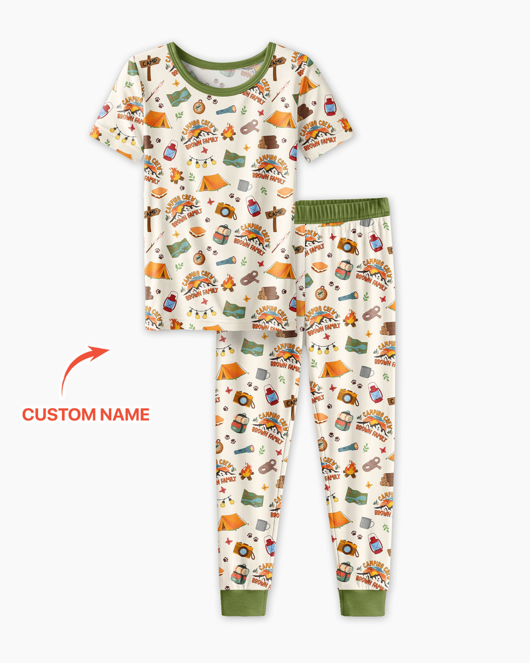 Custom Name Camping Crew Family Matching Bamboo Two Piece Short Sleeve Pajama Set