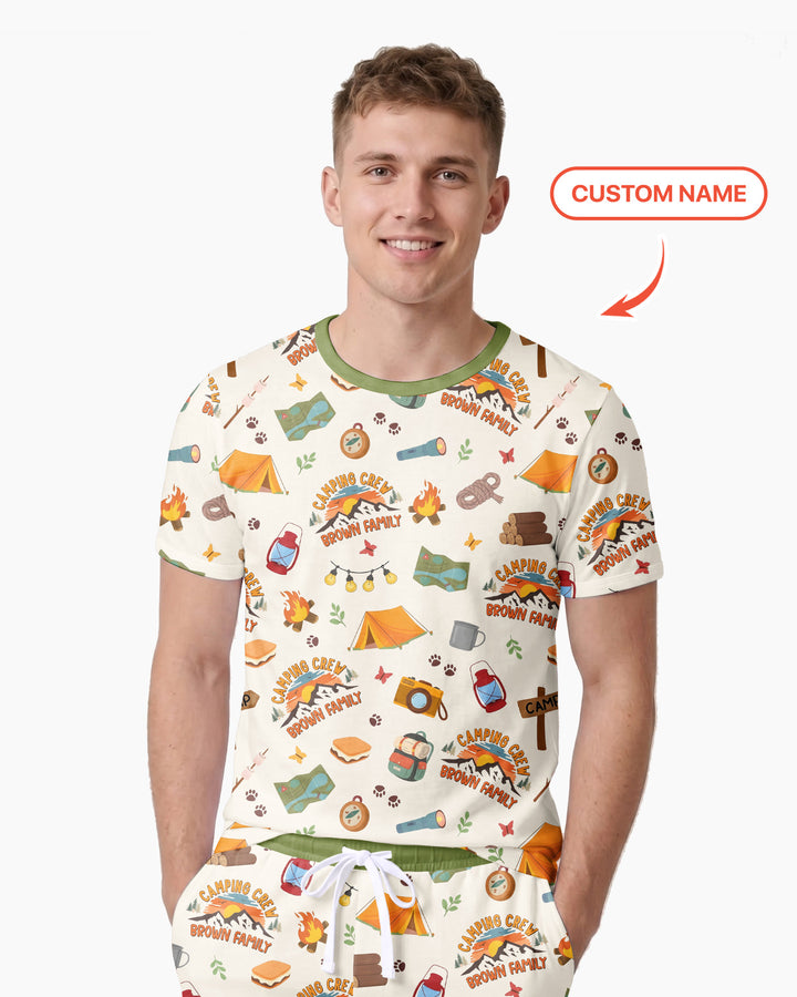 Custom Name Camping Crew Family Matching Bamboo Men Short Sleeve Short Pajama Set