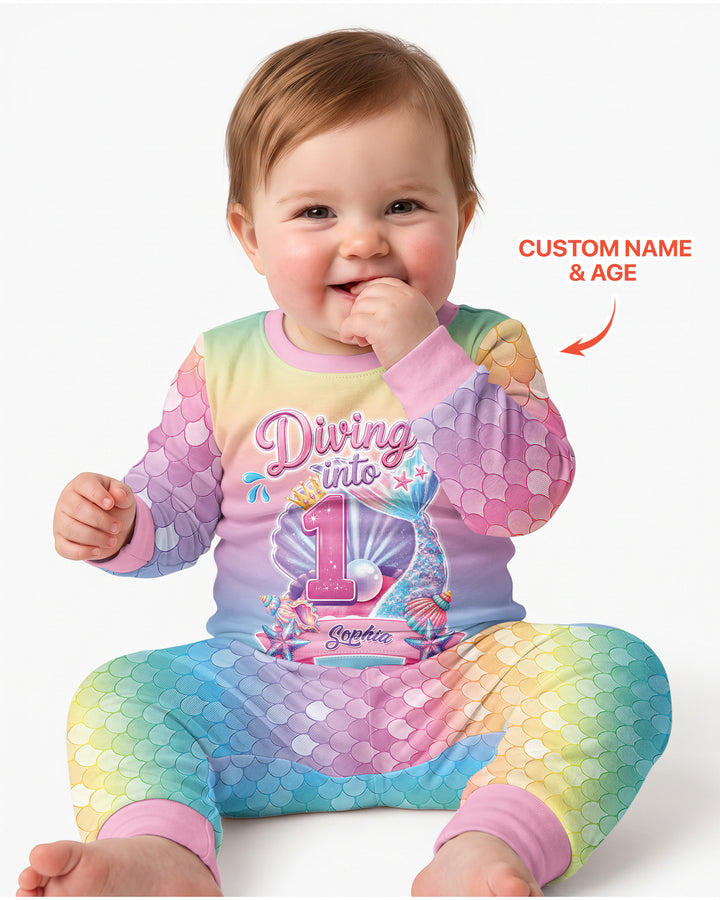 Mermaid Birthday Custom Name & Age Bamboo Two Piece Long Sleeve Pajama Set