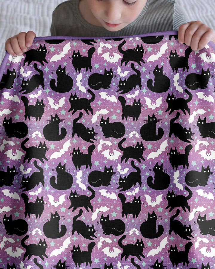 Spooky Black Cat Halloween Purple Bats Bamboo Blanket