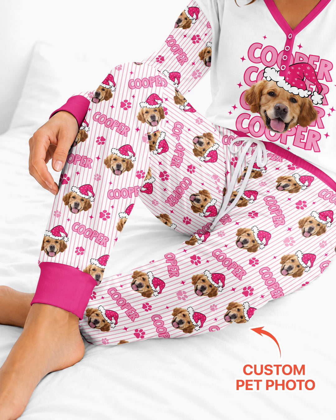 Personalized Pink Santa Dog Bamboo Women Pajama Set