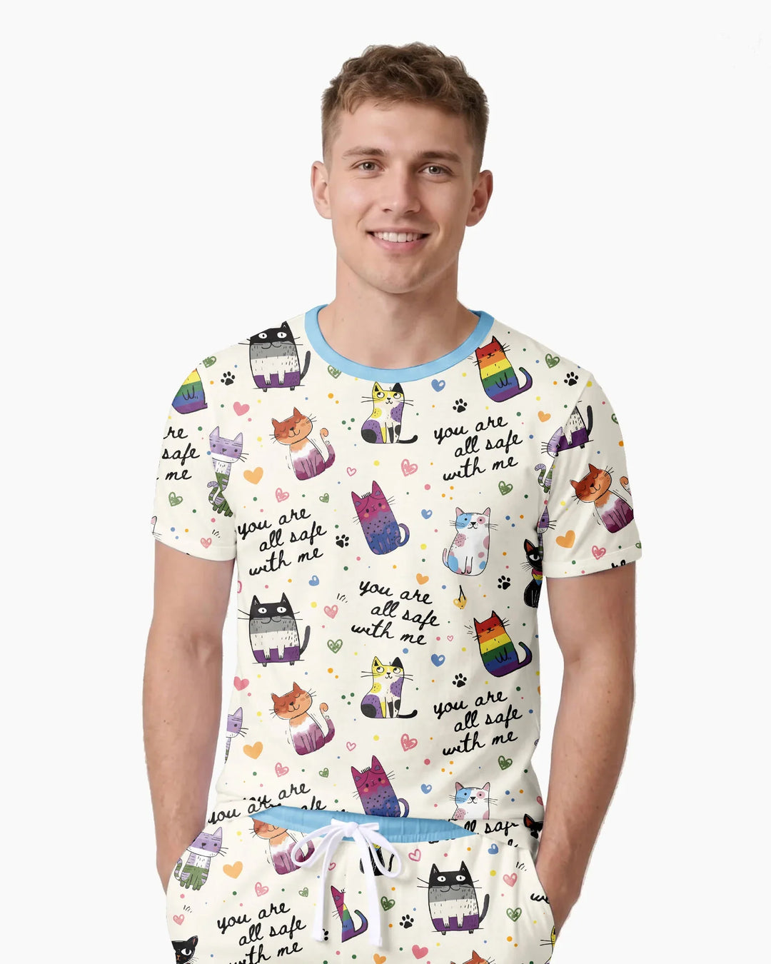 Loved & Safe Kitties Family Matching Bamboo Men Short Sleeve Short Pajama Set