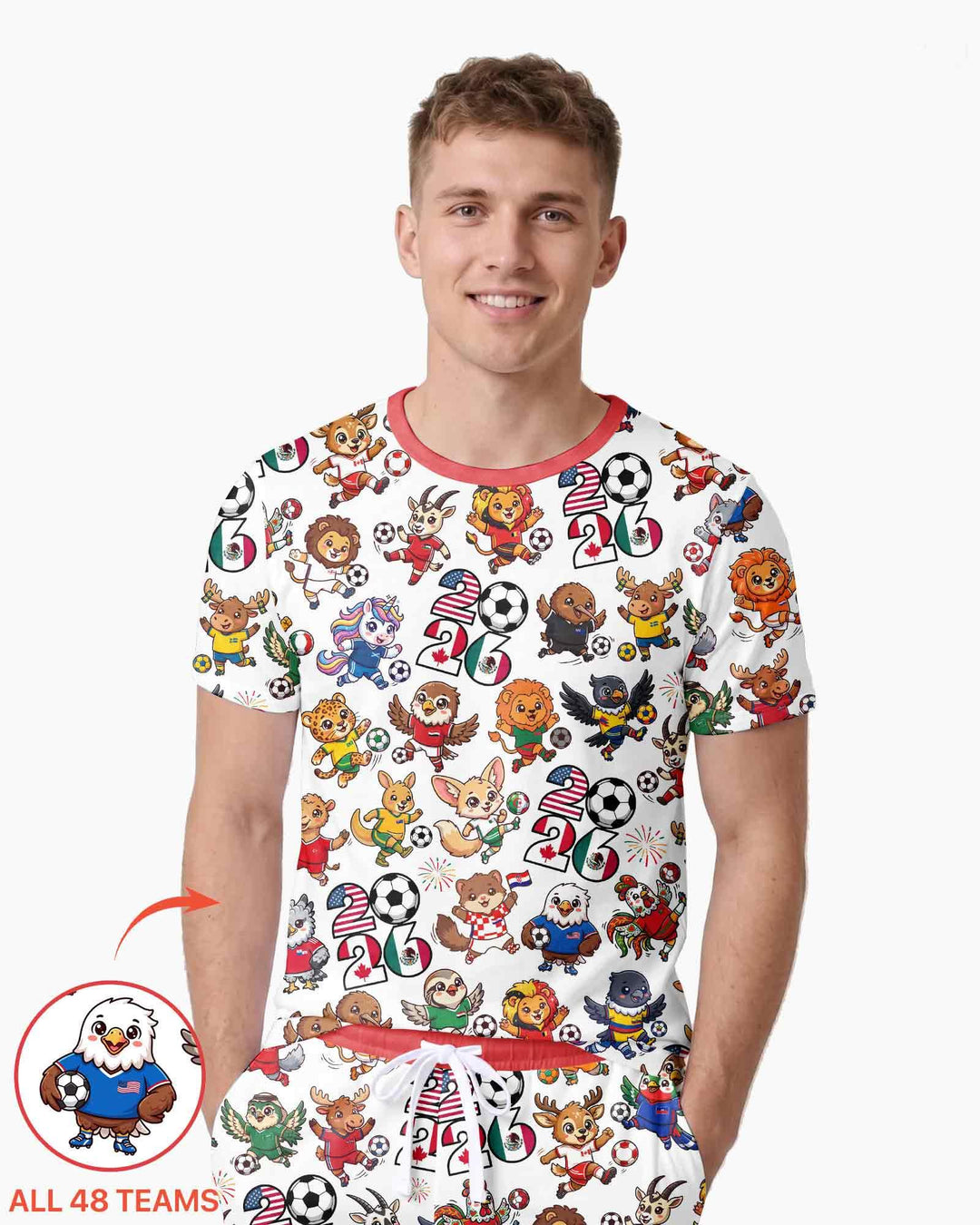 Kawaii Animals Soccer Tour 2026 Family Matching Bamboo Men Short Sleeve Short Pajama Set