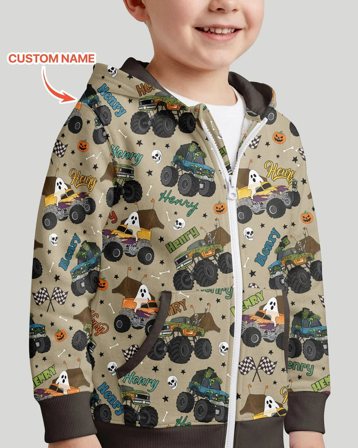 Custom Name Halloween Creepy Crusher Family Matching Bamboo Zip Hoodie