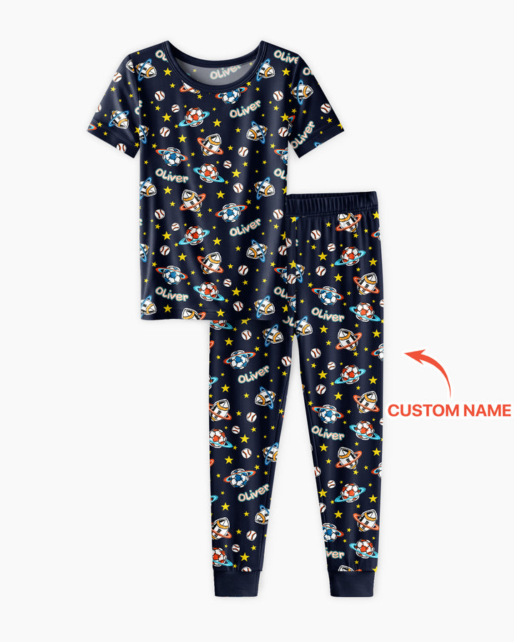 Custom Name Space Sport Bamboo Two Piece Short Sleeve Pajama Set